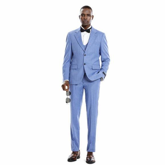 Men's Pinstripe 3-Piece Suit w/ Double Breasted Vest, Smokey Blue - Picture 6 of 9